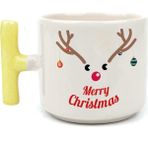 Mor Mürekkep Merry Christmas Geyik Baskılı Sarı Kulplu T Yılbaşı Kupası - Açık Gri - Beyaz - 200 ml