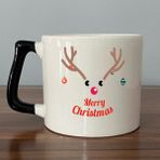 Mor Mürekkep Merry Christmas Geyik Baskılı Siyah Kulplu D Yılbaşı Kupası - Açık Gri - Beyaz - 200 ml
