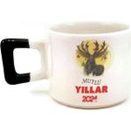 Mor Mürekkep Mutlu Yıllar 2024 Geyik Baskılı Siyah Kulplu Kare Yılbaşı Kupası - Açık Gri - Beyaz - 200 ml