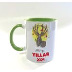 Mor Mürekkep Mutlu Yıllar 2024 Geyik Baskılı Yeşil Kulplu Içi Yeşil Yılbaşı Kupası - Açık Gri - Beyaz - 200 ml