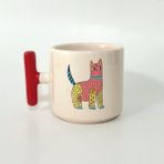 Mor Mürekkep Sarı Pembe Kedi Baskılı Kırmızı Kulplu T Kupa - Açık Gri - Beyaz - 200 ml