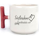 Mor Mürekkep Sözlerden Çok Gözlerdedir Aşk Baskılı Kırmızı Kulplu T Kupa - Açık Gri - Beyaz - 200 ml