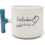 Mor Mürekkep Sözlerden Çok Gözlerdedir Aşk Baskılı Mavi Kulplu T Kupa - Açık Gri - Beyaz - 200 ml