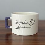 Mor Mürekkep Sözlerden Çok Gözlerdedir Aşk Baskılı Mor Kulplu C Fincan - Açık Gri - Beyaz - 200 ml