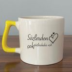 Mor Mürekkep Sözlerden Çok Gözlerdedir Aşk Baskılı Sarı Kulplu D Kupa - Açık Gri - Beyaz - 200 ml