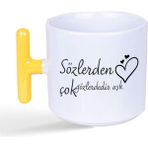Mor Mürekkep Sözlerden Çok Gözlerdedir Aşk Baskılı Sarı Kulplu T Kupa - Açık Gri - Beyaz - 200 ml