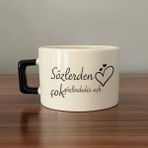Mor Mürekkep Sözlerden Çok Gözlerdedir Aşk Baskılı Siyah Kulplu C Fincan - Açık Gri - Beyaz - 200 ml