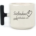 Mor Mürekkep Sözlerden Çok Gözlerdedir Aşk Baskılı Siyah Kulplu T Kupa - Açık Gri - Beyaz - 200 ml