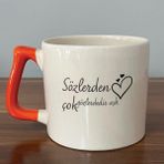 Mor Mürekkep Sözlerden Çok Gözlerdedir Aşk Baskılı Turuncu Kulplu D Kupa - Açık Gri - Beyaz - 200 ml