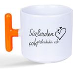Mor Mürekkep Sözlerden Çok Gözlerdedir Aşk Baskılı Turuncu Kulplu T Kupa - Açık Gri - Beyaz - 200 ml