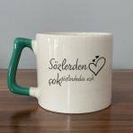 Mor Mürekkep Sözlerden Çok Gözlerdedir Aşk Baskılı Yeşil Kulplu D Kupa - Açık Gri - Beyaz - 200 ml