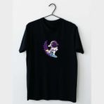 Mor Mürekkep Su Kayağı ve Astronot Tasarım Baskılı Kadın Tshirt - Siyah - 2XL
