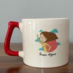 Mor Mürekkep Süper Mom Pelerin Baskılı Kırmızı Kulplu D Kupa - Açık Gri - Beyaz - 200 ml