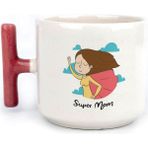 Mor Mürekkep Süper Mom Pelerin Baskılı Kırmızı Kulplu T Kupa - Açık Gri - Beyaz - 200 ml