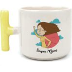 Mor Mürekkep Süper Mom Pelerin Baskılı Sarı Kulplu T Kupa - Açık Gri - Beyaz - 200 ml