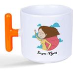 Mor Mürekkep Süper Mom Pelerin Baskılı Turuncu Kulplu T Kupa - Açık Gri - Beyaz - 200 ml