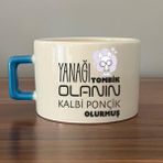 Mor Mürekkep Yanağı Tombik Olanın Baskılı Mavi Kulplu C Fincan - Açık Gri - Beyaz - 200 ml