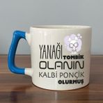 Mor Mürekkep Yanağı Tombik Olanın Baskılı Mavi Kulplu D Kupa - Açık Gri - Beyaz - 200 ml