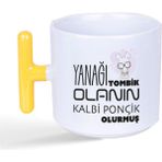 Mor Mürekkep Yanağı Tombik Olanın Baskılı Sarı Kulplu T Kupa - Açık Gri - Beyaz - 200 ml