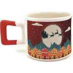 Mor Mürekkep Yılbaşı Gecesi Kızak ve Geyikleri Baskılı Kırmızı Kulplu Kare Yılbaşı Kupası - Açık Gri - Beyaz - 200 ml