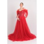 Mor Sposa Kadın Üst Full Taşlı Alt Tül Kabarık Model Maxi Abiye Elbise M100 Kırmızı