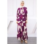 Mor Yarım Düğmeli Eteği Katlı Elbise - 44