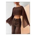 morche KADIN YARASA KOL GENİŞ KESİM OVERSIZE ŞIK TÜL KAHVERENGİ TRANSPARAN BLUZ