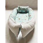 More And Mori Çift Taraflı Babynest Bebek Uyku Yatağı ve Yastığı -Dışı Beyaz Waffle Pike , Içi Mavi Balonlu Desenli Poplin Kumaş