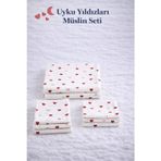 More Home % 100 Pamuk Müslin Örtü, Bebek Battaniyesi 5 Parça Set Kalp Desenli Beyaz Kırmızı
