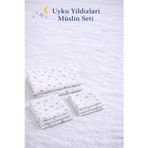 More Home % 100 Pamuk Müslin Örtü, Bebek Battaniyesi 5 Parça Set Yıldızlı Gri Beyaz