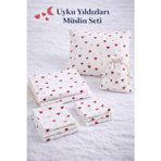 More Home % 100 Pamuk Müslin Örtü, Bebek Battaniyesi 7 Parça Set Kalp Desenli Beyaz Kırmızı
