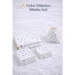 More Home Bebek Müslin Bez Battaniye Set 6 Parça 90x90 Gri Yıldızlı - Beyaz