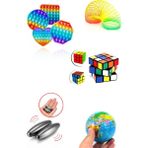 Mori Avm Eğlenceli Eğitici Stres Giderici Oyuncak Seti Popit + Rubik Zeka Küpü + Stres Yayı + Manyetik Mıknatıs + Dünya Stres Topu - Mavi