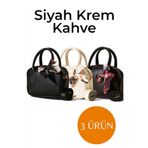 Morlex Siyah Krem Kahve 3 lü Set Mini El & Omuz Çantası – Fular Detaylı Suni Deri
