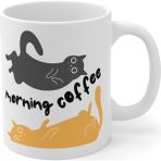 Morning Coffee Cat Porselen Kupa – Sevimli Kedili Kahve Kupası - Beyaz