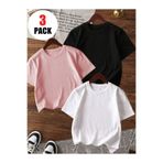 MORNİNG KİDS Kız Çocuk Günlük Kullanım Baskısız Düz Siyah-Beyaz-Pembe 3'lü Paket Penye Tişört