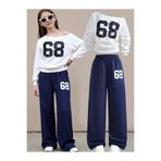 MORNİNG KİDS Kız Çocuk Kayık Yaka 68 Baskılı Beyaz Sweatshirt-Lacivert Bol Kesim Eşofman Takım
