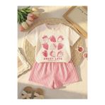 MORNİNG KİDS Kız Çocuk Sweet Love Çilek Baskılı Beyaz Tişört-Pembe Beyaz Çizgili Şort Takım
