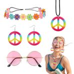 Morocket Hippie Kostümü Kadın Seti 4 Adet, Hippi Aksesuarları Yuvarlak Pembe Hippi Güneş Gözlüğü, Flower Power Hippi Saç Takısı, Barış İşareti Hippi Kolye, Hippi Küpe Kadın Retro Partiler için