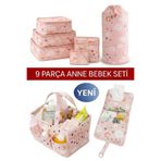 MorOflan Lüx 9 Parça Anne Bebek Seti - Çamaşır Sepeti, Bebek Çantası, Alt Açma Çantası, 6'lı Valiz Organizeri