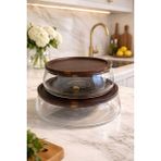 Morponi 2'li Borosilikat Cam Lüks Akasya Kapaklı Cam Kase - Sunumluk-Salata Kasesi 18 cm - 22 cm - Şeffaf