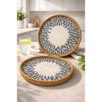 morponi 2'li El Yapımı Doğal Rattan Tepsi Desenli Yuvarlak Sunum Tepsisi 30-33 Cm Siyah-Beyaz
