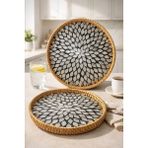 Morponi 2'li El Yapımı Doğal Rattan Tepsi Sedef Desenli Yuvarlak Sunum Tepsisi 30-33 cm Siyah