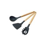 Morponi 3 Parça Siyah Bambu Saplı Silikon Uçlu Mutfak Servis Seti(Kepçe-Spatula-Spagetti)