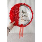 Mortex Kırmızı Aplik ve 3D Çiçek Süsleme LED’li Şeffaf Gelin Tefi 32 cm Kına Düğün Nedime Bride Parti Defi