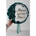 Mortex Yeşil Aplik ve 3D Çiçek Süsleme LED’li Şeffaf Gelin Tefi 32 cm Kına Düğün Nedime Bride Parti Defi