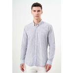 Morven Erkek Gri Pamuk Çizgili-Panolu İtalyan Yaka Slim Fit Gömlek