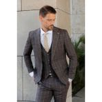 Morven Erkek Kahve Poliviskon Trend Yelekli Ekoseli Slim Fit Sivri Yaka Takım Elbise - 50 - 6 Drop - Kahverengi