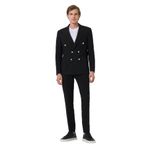 Morven Erkek Siyah Poliviskon Trend Çizgili Slim Fit Sivri Yaka Kruvaze Takım Elbise