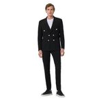 Morven Erkek Siyah Poliviskon Trend Çizgili Slim Fit Sivri Yaka Kruvaze Takım Elbise